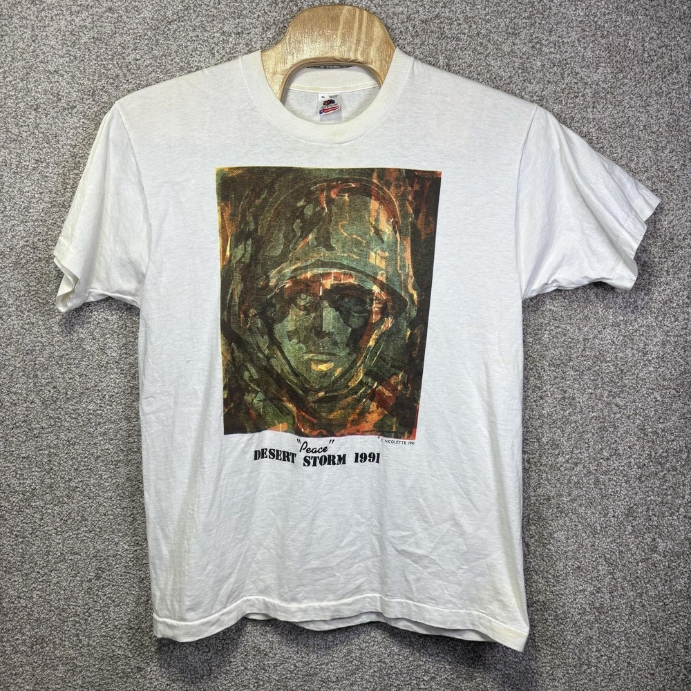 Vintage Desert Storm Shirt Mens XL White Peace Soldier Graphic Gulf War 1991